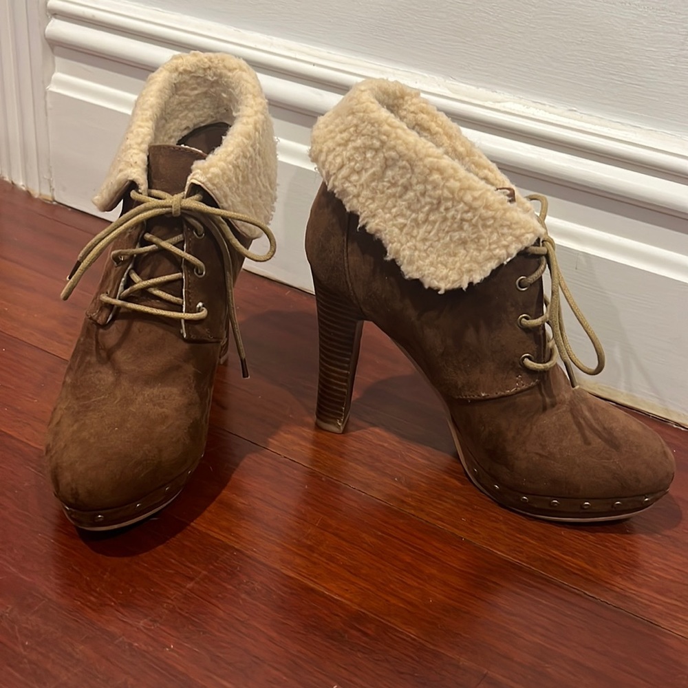Brown sherpa heeled booties